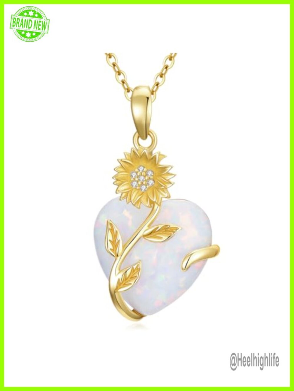 14K Yellow Gold Sunflower Opal Heart Birthstone Pendant Necklace 16+2"